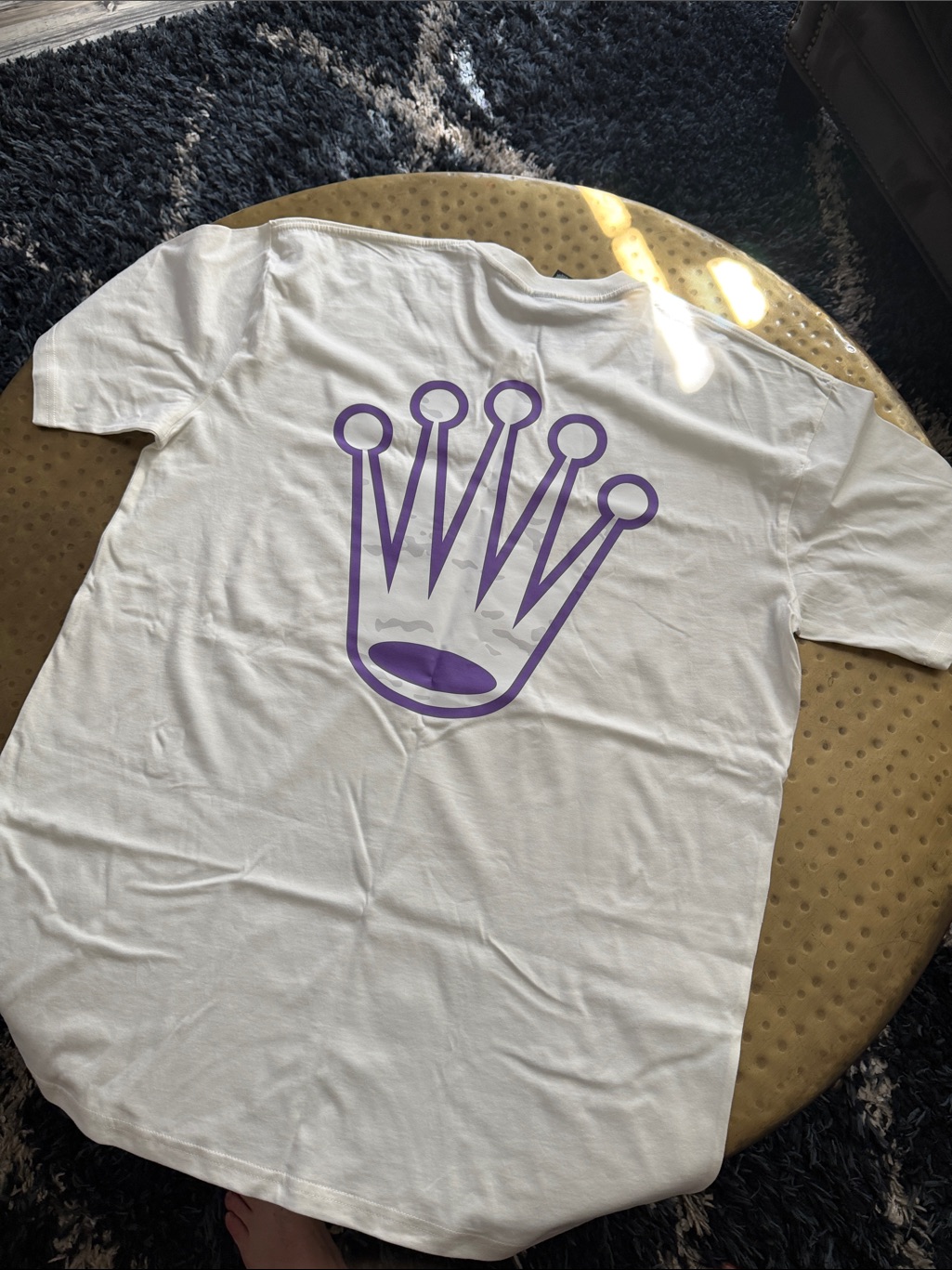 White Short Sleeve Tee With Purple Crown Graphic